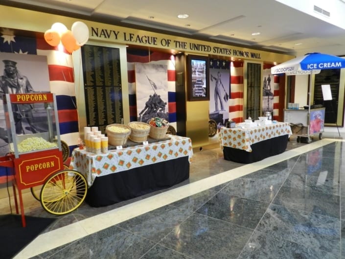 Popcorn buffet, toppings table and ice cream cart