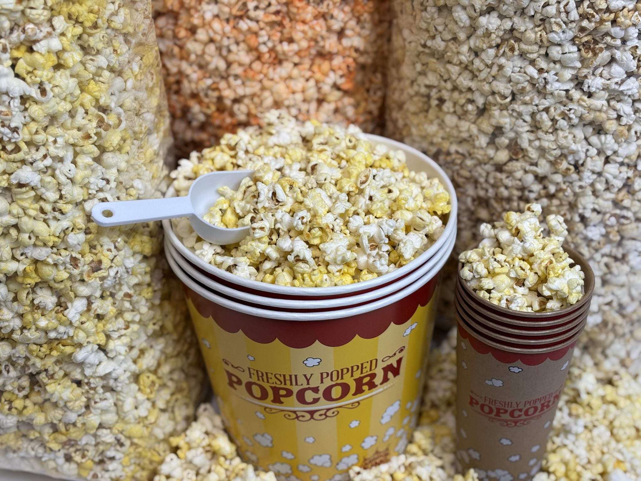 DIY Popcorn Buffet Supplies Popcorn tins, popcorn cups, popcorn scoops, and bulk order of popcorn for private gatherings